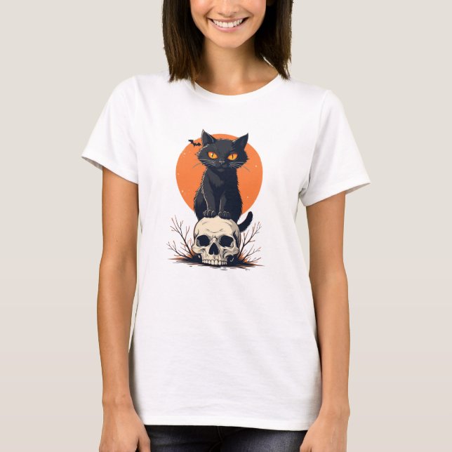 Black Cat on Skull Halloween T-Shirt (Front)