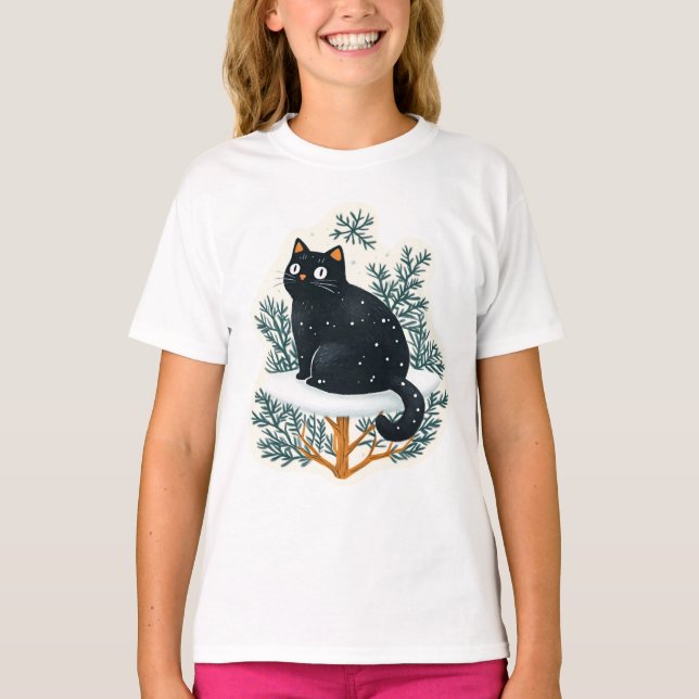 Black cat on the Christmas tree T-Shirt (Front)