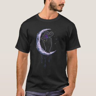 Black Cat On The Purple Moon With Hat Witch Hallow T-Shirt