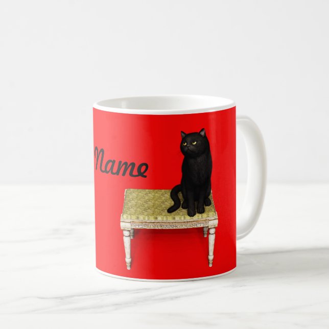 Black cat on the stool coffee mug (Front Right)
