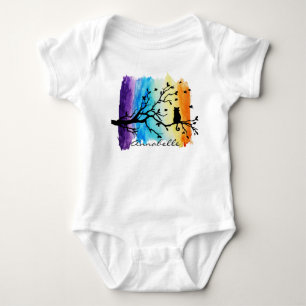 Black Cat on Tree Branch Rainbow Watercolor Baby Bodysuit