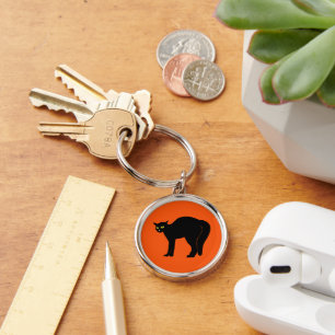 Black Cat on Vibrant Orange Key Ring