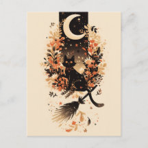 Black Cat on Witch’s Broom Under the Moon
