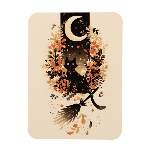 Black Cat on Witch’s Broom Under the Moon Magnet (Vertical)