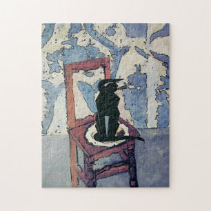 Black Cat on Wooden Chair Jigsaw Puzzle