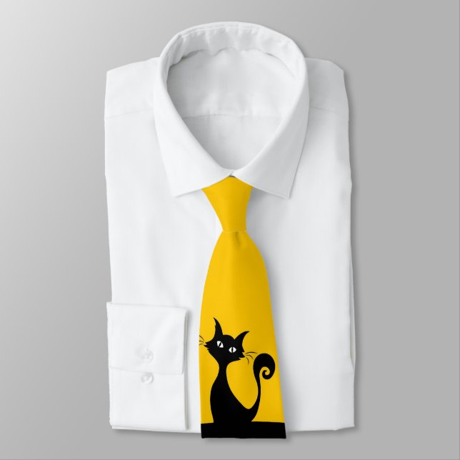 Black Cat on Yellow Sporty Men's Tie (Tied)