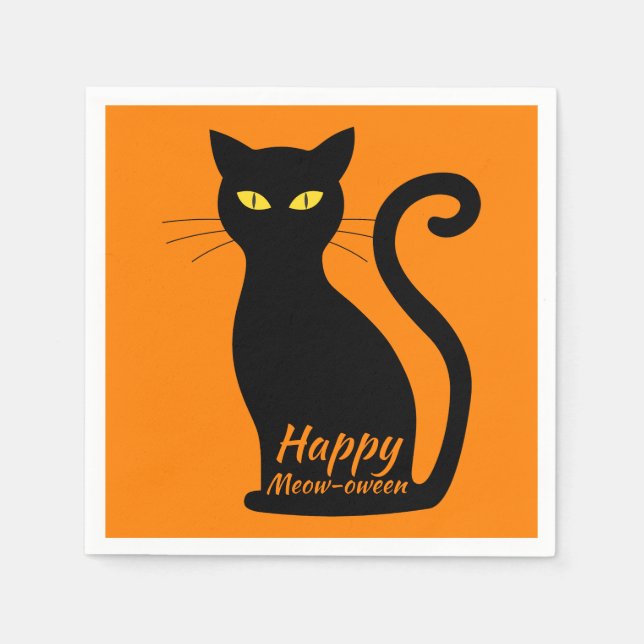 Black Cat Orange Halloween Party Napkin (Front)