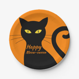 Black Cat Orange Halloween Party Paper Plate
