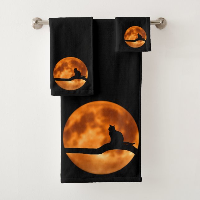 Black Cat Orange Moon Bath Towel Set (Insitu)