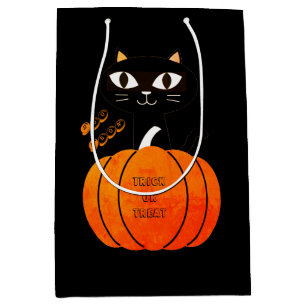 Black Cat Orange Pumpkin Trick Or Treat Halloween Medium Gift Bag