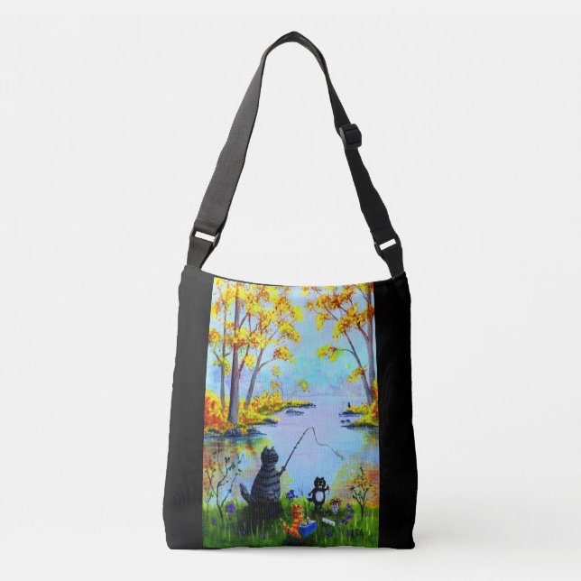 Black Cat Orange Tabby Cat Fall Fishing Crossbody Bag (Front)