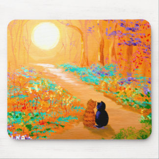 Black Cat Orange Tabby Cat Forest Mouse Pad
