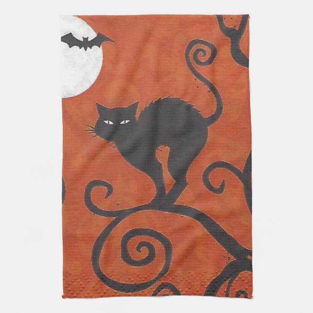 black cat orange tea towel (Vertical)