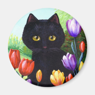 Black Cat Original Art Flowers Spring Creationarts Magnet