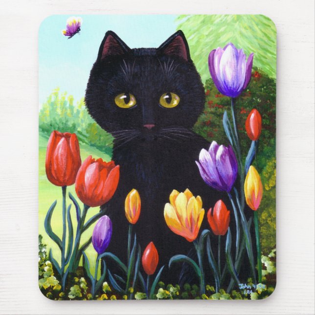 Black Cat Original Art Tulips Flowers Creationarts Mouse Pad (Front)