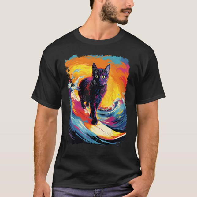 Black Cat Paddle Board Surfing T-Shirt (Front)