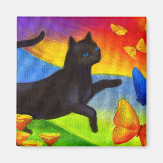 Black Cat Painting Butterflies Art - Multi Magnet