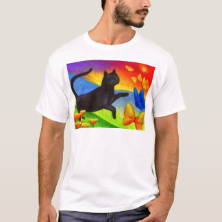 Black Cat Painting Butterflies Art - Multi T-Shirt