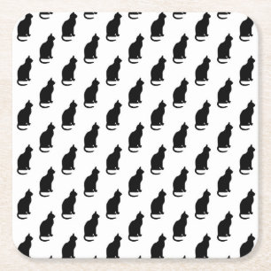 Black Cat Pattern Cats Texture White Background Square Paper Coaster