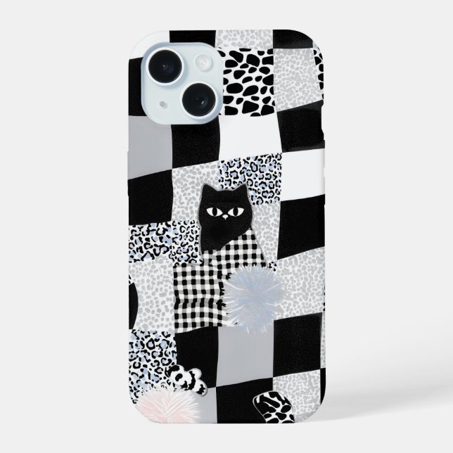 Black Cat Pattern Gingham Mixed Checkered Cheetah  iPhone 15 Case (Back)