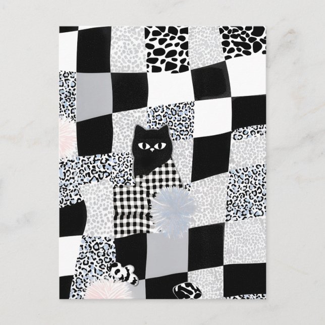 Black Cat Pattern Gingham Mixed Checkered Cheetah  Postcard (Front)