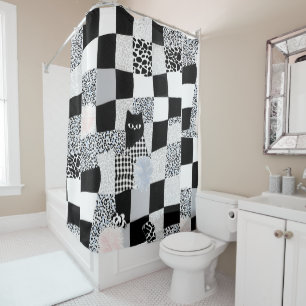 Black Cat Pattern Gingham Mixed Checkered Cheetah Shower Curtain