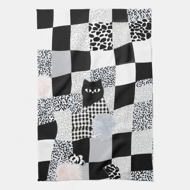 Black Cat Pattern Gingham Mixed Checkered Cheetah  Tea Towel (Vertical)