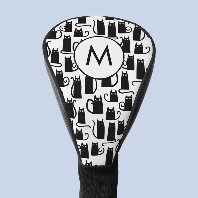 Black Cat Pattern Monogram Golf Head Cover (Fun black cat black and white monogram initial personalized golf head cover)