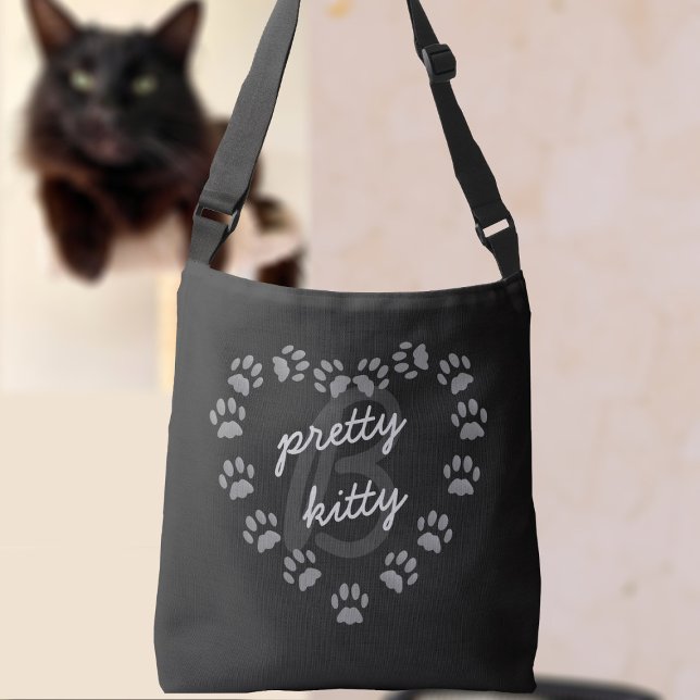 Black Cat Paw Print Heart Monogram Crossbody Bag (You are a pretty kitty! Just add your initial to this cute crossbody bag)
