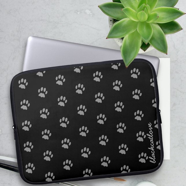 Black Cat Paw Print Pattern Laptop Sleeve (Add your name to this cute black & grey paw print laptop sleeve. Any thing for your cat to sit on)