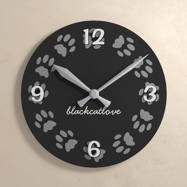 Black Cat Paw Print Personalised Wall Clock (A black cat paw print wall clock with your best friend's name. )