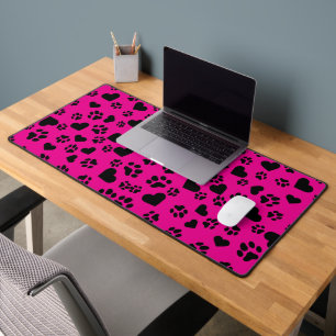 Black Cat Paw Prints & Hearts Pattern Pink  Desk Mat
