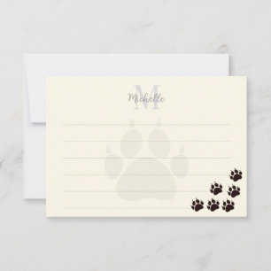 Black Cat Paw Prints Lined Monogram Cream Card