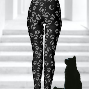 Black Cat Paw Prints Pattern Monogrammed Leggings