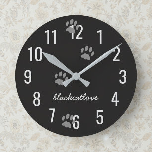 Black Cat Paw Prints Personalised Wall Clock