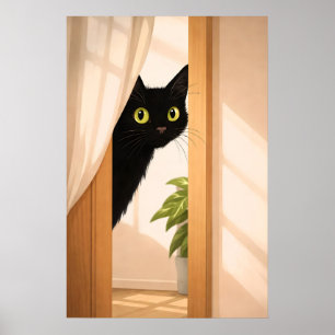 Black Cat Peek Poster, Minimalist Animal Poster