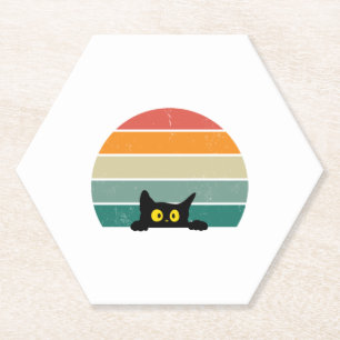 Black Cat Peeking Sunset Vintage    4 Paper Coaster