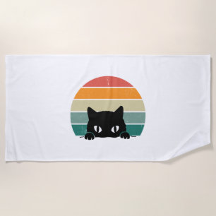 Black Cat Peeking Sunset Vintage     Beach Towel