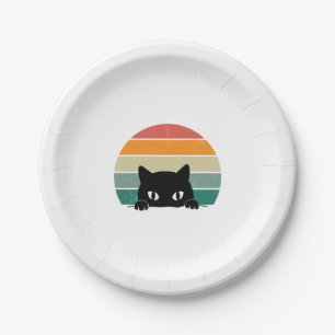 Black Cat Peeking Sunset Vintage Paper Plate