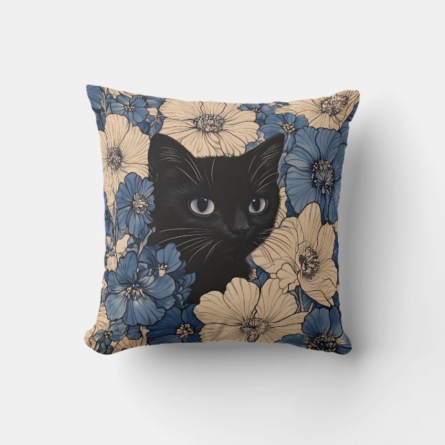 Black Cat Peeking Through Blue & Cream Flowers Cushion (Front)