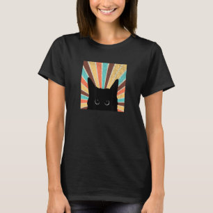 Black Cat Peeking Vintage Retro Sunset Halloween T-Shirt