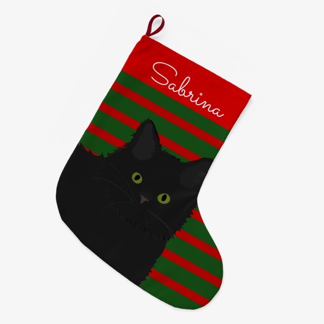 Black Cat Personalised Large Christmas Stocking (Front (Hanging))