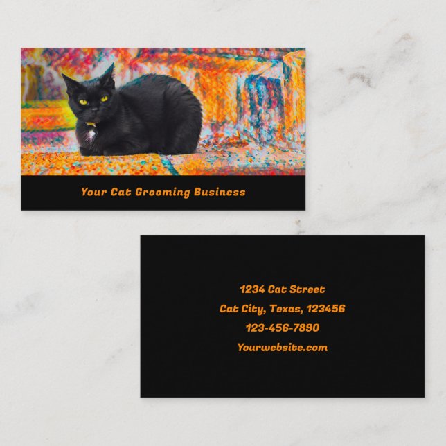 Black Cat Pet Grooming Colourful Business Card (Front/Back)