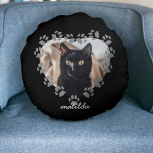 Black Cat Pet Photo Paw Print Round Pillow