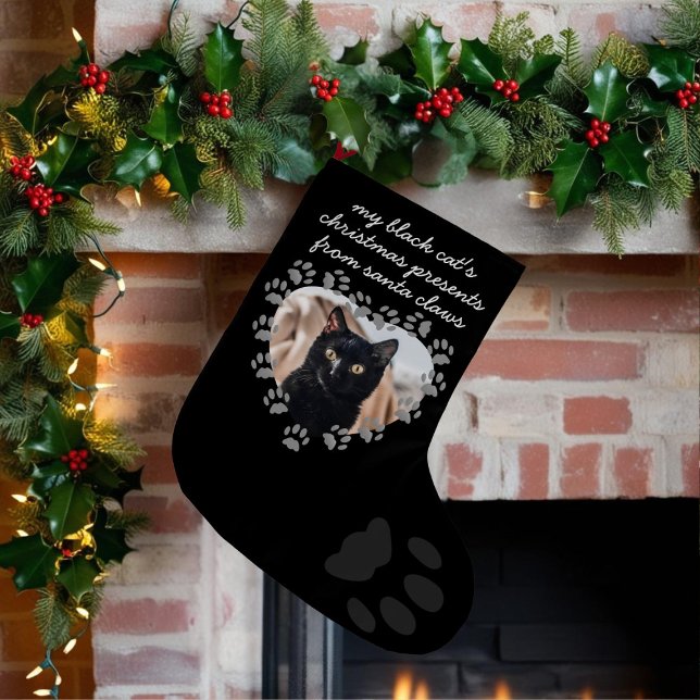 Black Cat Photo Paw Print Pet Christmas Stocking (Upload their photo so they'll know that this christmas stocking is just for them)