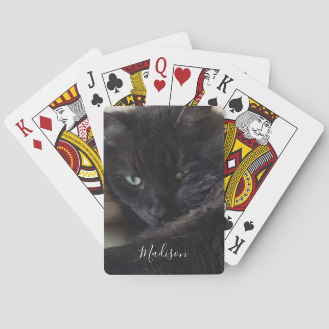 Black Cat Photo Personalised Name Playing Cards (Back)