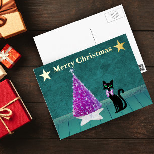 Black Cat Pink Bow Pink Christmas Tree Gold Stars Foil Holiday Postcard