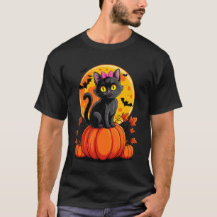 Black Cat Pink Bow Pumpkin Halloween Costume Fall  T-Shirt