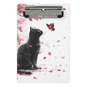 Black Cat - Pink Cherry Blossoms with Butterfly Mini Clipboard
