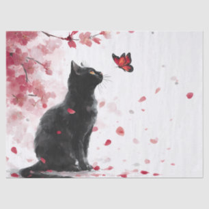 Black Cat - Pink Cherry Blossoms with Butterfly Tissue Paper